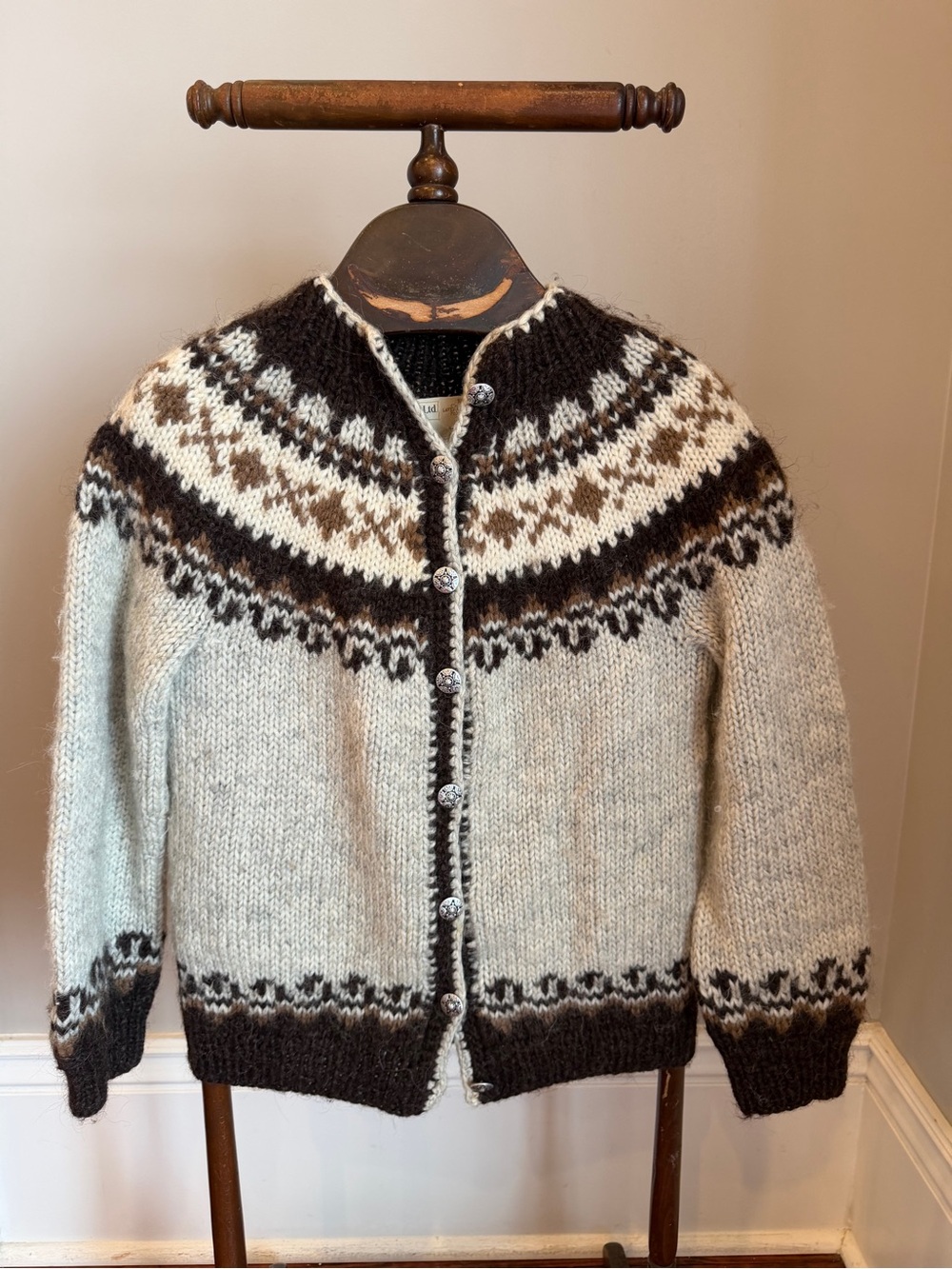 Women's Icelandic-Style 100% Wool Button Cardigan - Cream and Brown